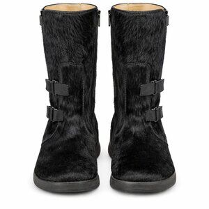 Naturino Italy Black Calfskin Fur Boots Girls EU 34 US 3 Mid-Calf Zip Velcro